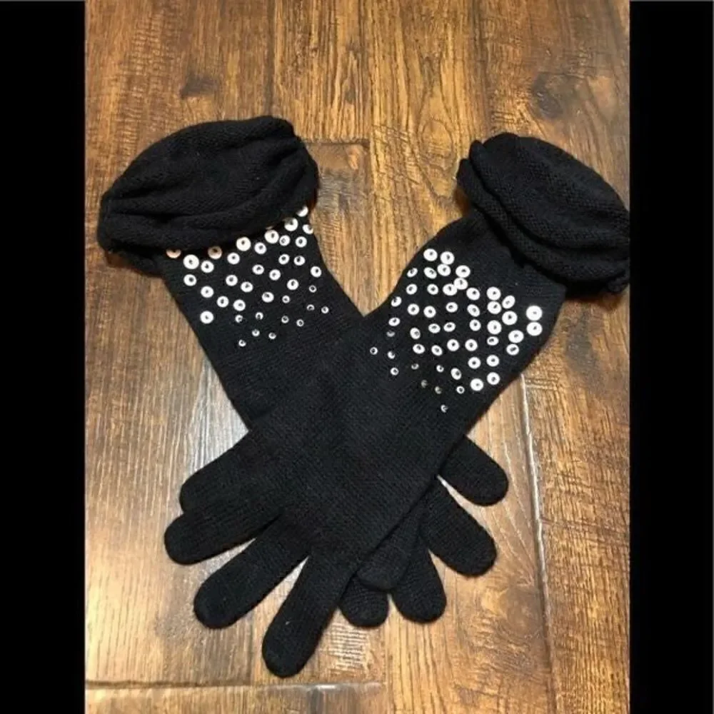 Black vintage wool scrunch glitter gloves where my grandmothers 1950 era